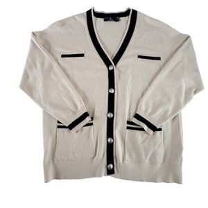 LILLUSORY Cardigan Beige Black Trim Lion Button V Neck Knit M